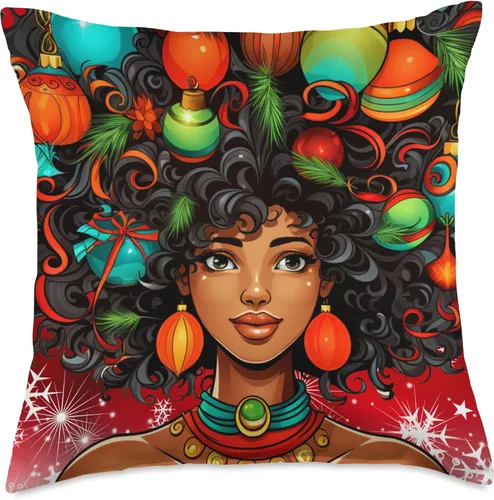Black women Christmas ornament melanin curly hair Melanin Christmas Queen Xmas Black Girl Magic Ornament Throw Pillow, 18x18, Multicolor