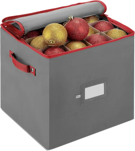 ZOBER - Caja de almacenamiento para adornos navideños, con capacidad para 64 adornos, dos cremalleras, no tejido, a prueba de rasgaduras, Gris