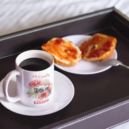 Miniatura 2 de Taza de café personalizada para fotógrafo, cámara con flores de gerbera, taza de té personalizada con nombre, regalo para amantes de la fotografía