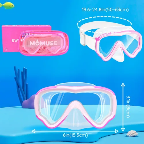 Miniatura 7 de MOMUSE Gafas de natación para niños con correa de tela suave, máscara de buceo con cubierta de nariz 3D sin fugas, lente antivaho e inastillable