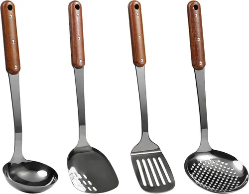 Miniatura 10 de FJNATINH Espátula Wok de acero inoxidable, cucharón, juego de herramientas de cucharón de espumadera, utensilios de cocina pulidos con mango de Negro