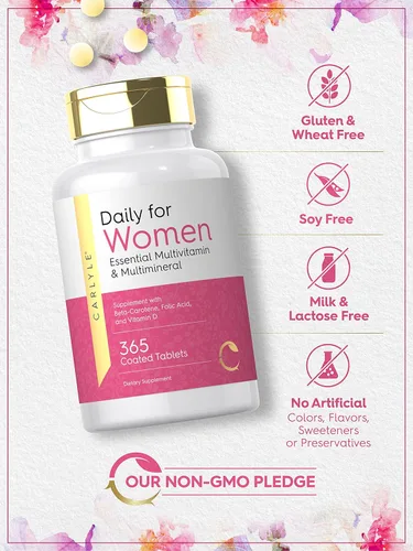 Miniatura 4 de Carlyle Multivitamínico y multimineral para mujer 365 tabletas Suplemento diario con betacaroteno, ácido fólico y vitamina D Píldoras sin OMG