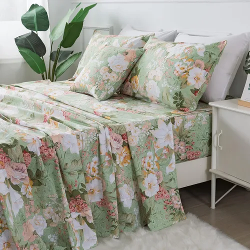 Miniatura 83 de FADFAY Juego de sábanas tamaño King, 100% algodón, elegante ropa de cama de granja con hojas verdes menta y flores blancas, sábana suave
