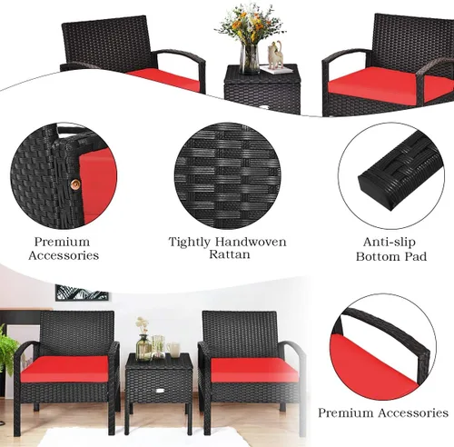 Miniatura 7 de Tangkula Juego de 3 piezas de mimbre para patio, muebles de ratán para exteriores con cojín grueso lavable y mesa auxiliar con espacio