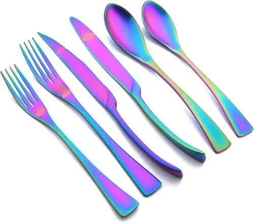 Miniatura 10 de Juego de cubiertos de color negro mate con cuchillo para carne, 24 piezas de cubiertos pesados de acero inoxidable 18/10, juego de utensilios