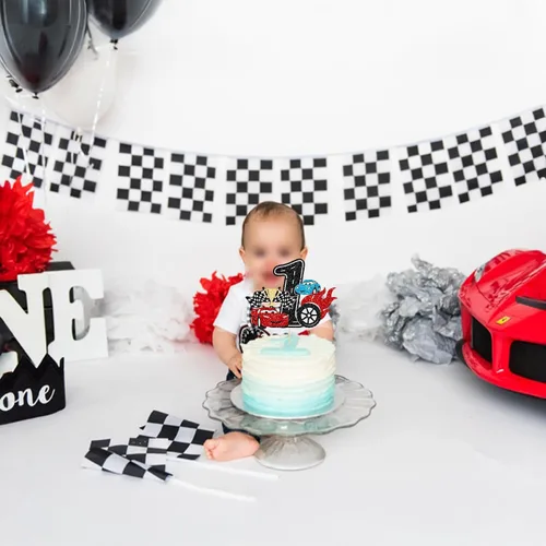 Miniatura 7 de Ephlyn 1 pieza de decoración para tarta de primer cumpleaños de coche de carreras con purpurina, decoración de tarta 1er cumpleaños para bandera a