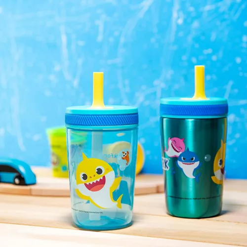 Miniatura 16 de Zak Designs Baby Shark Kelso - Juego de vasos con tapa de rosca a prueba de fugas con pajilla, paquete para niños, incluye vasos de plástico y acero