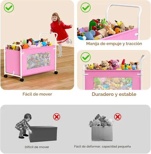 Miniatura 5 de KEEGH Caja de juguetes extra grande para niños con ruedas giratorias de 360°, cofre de juguetes resistente para niños y niñas, organizador de Rosa