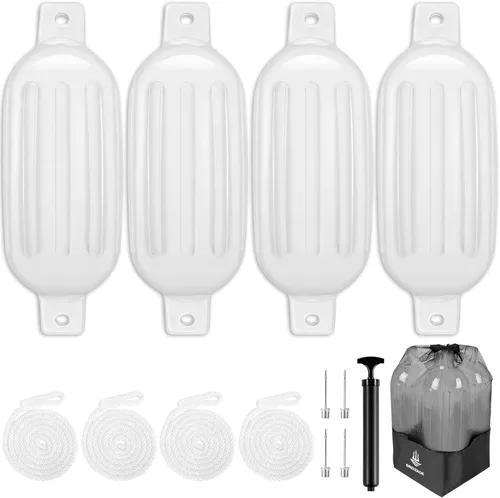 Miniatura 11 de Dreizack Boat Fenders 4 Pack, Boat Bumpers for Docking with 4 Ropes, Inflatable Ribbed Marine Pontoon Boat Fender Bumper for Docks with 1 Storage