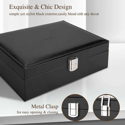 Miniatura 6 de KCY Organizador de joyas para mujeres y niñas, estuche grande de cuero sintético con soporte de exhibición de 2 capas y bandeja extraíble