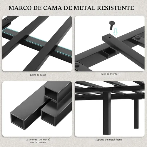 Miniatura 9 de Marco de cama tamaño completo con cabecera de almacenamiento, cama plataforma industrial con estación de carga y luces LED, listones de metal Negro