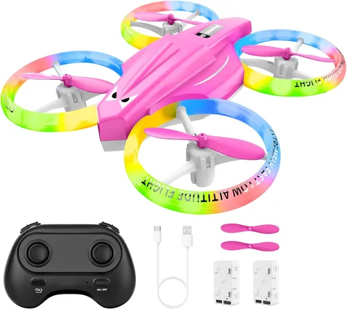 Miniatura 9 de Dron para niños y principiantes con luz LED, pequeño dron de interior con luces RC, voltereta de 360, 2 baterías, juguete volador para niños, regalo