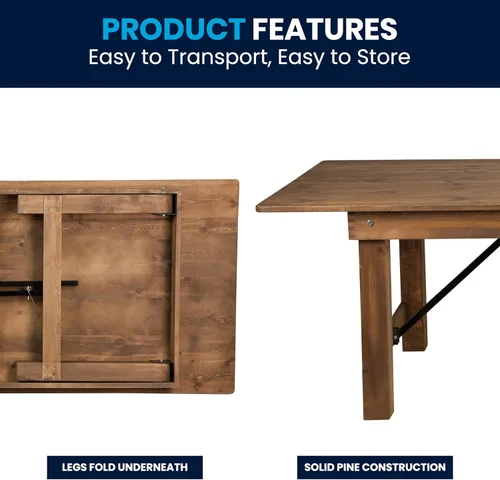 Miniatura 9 de Flash Furniture Serie Hércules Mesa de comedor plegable rústica de pino macizo de 8' x 40", mesa rectangular antigua de granja para comedor y eventos