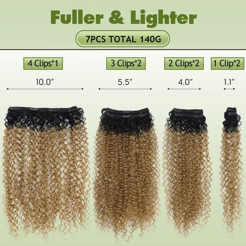 Miniatura 4 de Extensiones de cabello sintético con clip, extensiones de cabello sintético negro y rubio miel, extensiones de cabello rizado Jerry para mujeres