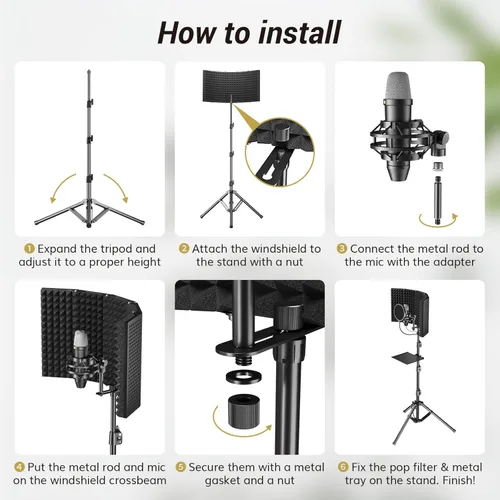 Miniatura 5 de TONOR Paquete de protectores de aislamiento para micrófono, escudo de espuma acústica con filtro pop y soporte para trípode, diseño plegable