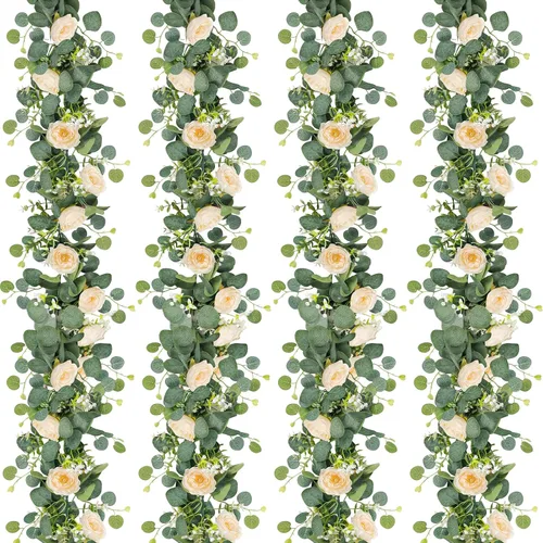 Miniatura 12 de TOCHGREEN Paquete de 4 Guirnaldas de Flores de Eucalipto Artificial con Rosas Blancas, Guirnalda de Flores de Rosa Falsa Vegetación Enredaderas