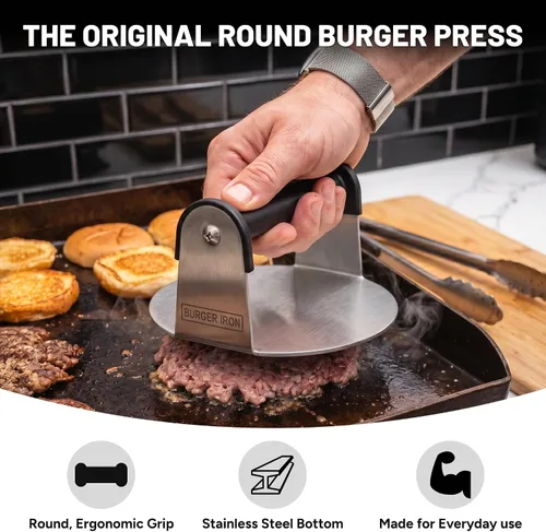 Miniatura 3 de Burger Iron Smash - Prensa para hamburguesas de 6 pulgadas, acero inoxidable, fondo plano redondo, herramienta para triturar hamburguesas, ideal