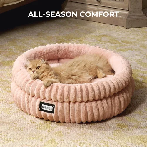 Miniatura 4 de BALANCE Cama para gatos, cama redonda lavable para gatos de interior, cama de felpa súper suave de piel sintética para cachorros y gatitos con parte