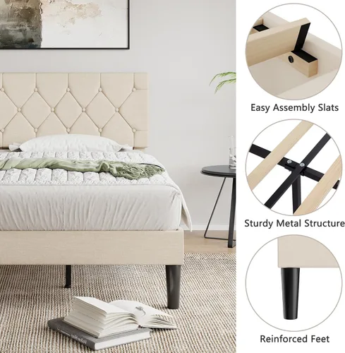 Miniatura 4 de VECELO Base de cama tamaño individual con cabecera capitoné con botones, base de cama tapizada con soporte de listones de madera, no necesita Beige