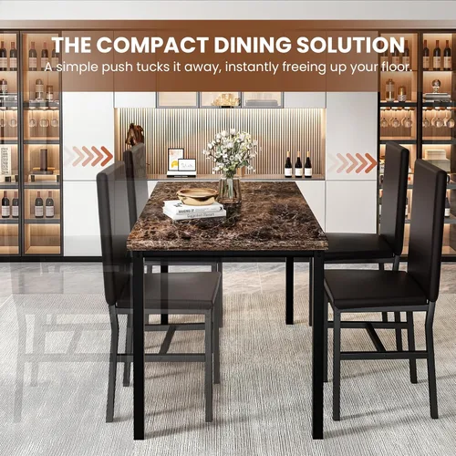 Miniatura 7 de Recaceik Juego de 4 mesas de comedor de 5 piezas para 4, juego de 4 sillas de mesa de cocina de mármol sintético, juego de mesa de cocina con 4