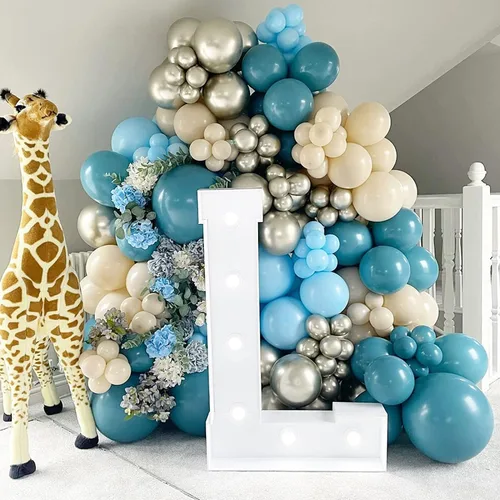 Miniatura 6 de Kit de guirnalda de globos azul polvoriento, azul niebla, azul real, azul pastel, arena, blanco, dorado metálico, globos de látex para despedida