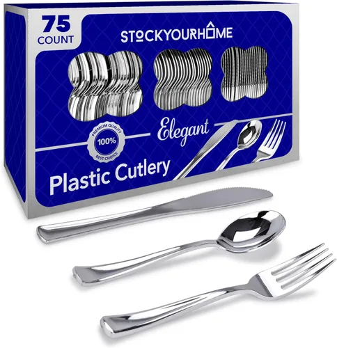 Miniatura 16 de Juego de cubiertos de plástico resistente (dorado) de 75 piezas, juego de cubiertos desechables, ideal para fiestas, bodas y catering, cubiertos