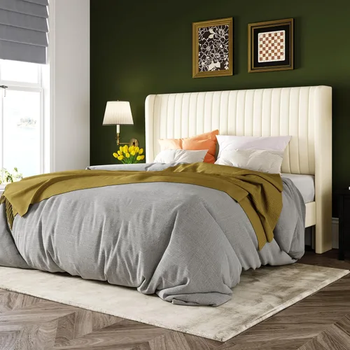 Miniatura 17 de Allewie - Base de cama tamaño King con cabecera acolchada en terciopelo y diseño acanalado vertical; plataforma de cama tapizada; listones de madera