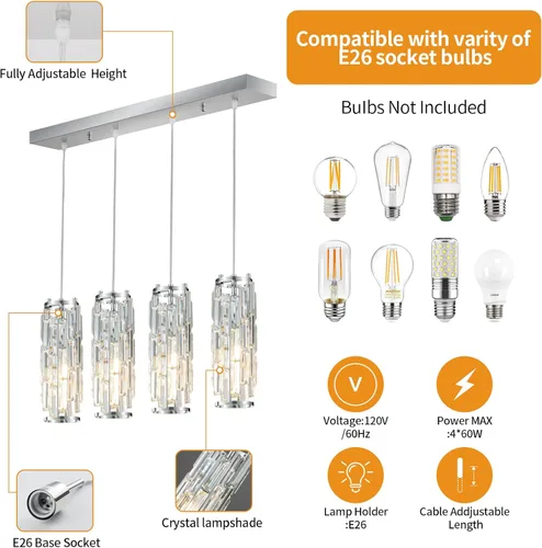 Miniatura 2 de LMQNINE Iluminación colgante cromada de 4 luces, lámpara colgante moderna, mini candelabros de cristal, lámpara colgante ajustable para cocina, Cromo