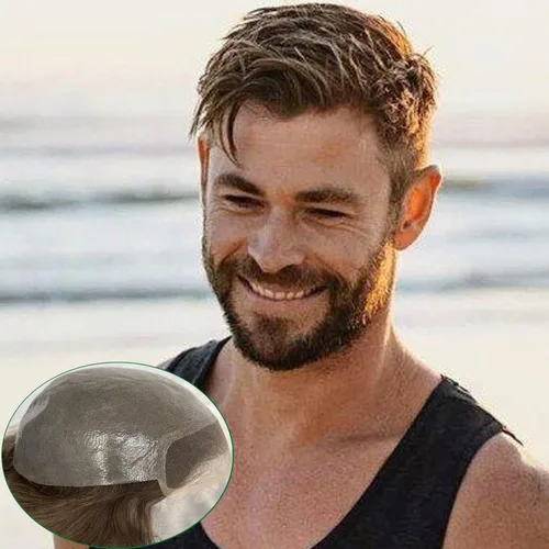 Miniatura 8 de Voloria Toupee para hombres 100% cabello humano europeo suizo frente encaje frontal natural piezas de cabello 0.003 in piel fina PU V-looped sistema