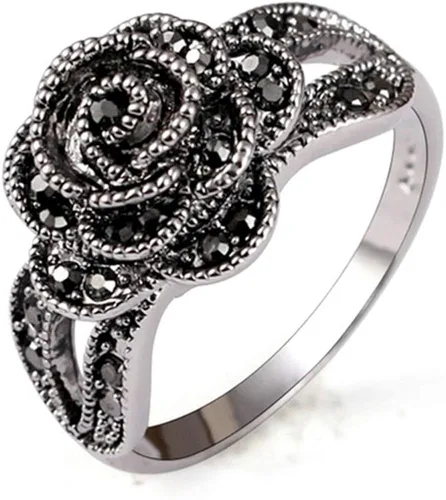 Anillo de dedo de diamantes de imitación con flor negra para mujer, marca de joyería estilo vintage, talla 7-9, Aleación de zinc, Aleación de zinc
