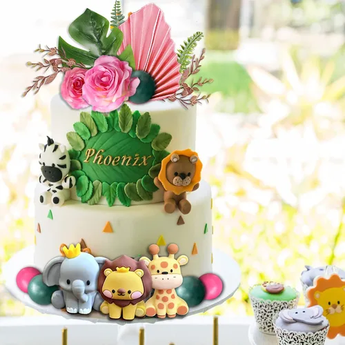 Miniatura 8 de 22 adornos de animales de selva de safari para tartas, bolas de flores, decoración de tartas con hojas de palmeras bohemias, juguetes de animales
