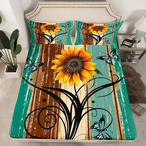 Miniatura 2 de Erosebridal Juego de sábanas rústicas de granja, tamaño individual, diseño de mariposa y girasol, para niños y adultos, estilo retro, grunge, verde