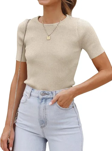 ZESICA Camiseta de manga corta con cuello redondo y punto acanalado para mujer, ajustada, camiseta básica de verano 2023 de color sólido
