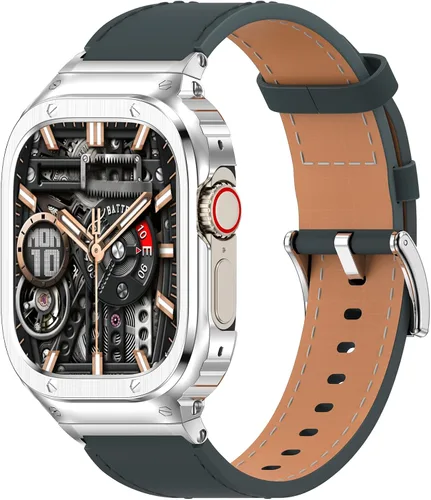 Miniatura 14 de SUPLINK Correa de cuero con funda de acero inoxidable para Apple Watch Ultra 3/2/1 y SE 3/2/1 y Series 11 10 9 8 7 6 5 4 3 2 1 1.929 in 1.811 in