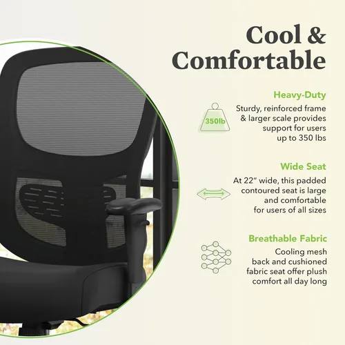 Miniatura 5 de HON Sadie - Silla de oficina grande y alta, silla de escritorio ergonómica con respaldo de malla, soporte lumbar, 350 libras máximo, color negro