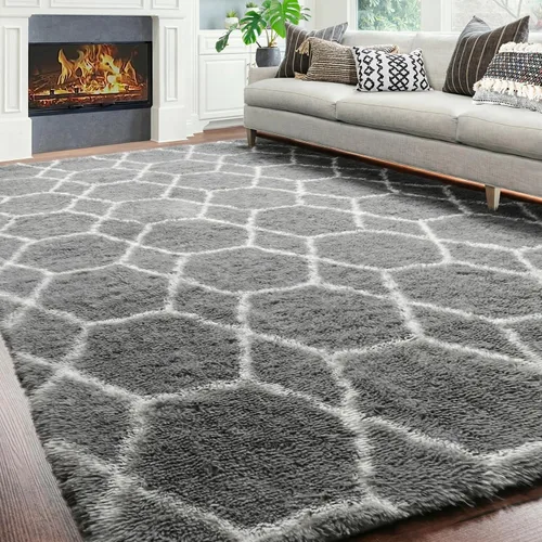 Miniatura 11 de ONASAR Alfombras de área para sala de estar y dormitorio, alfombra esponjosa lavable de 5x8 pies gris y blanca, alfombra de piso suave, afelpada