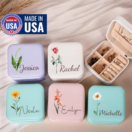 Miniatura 2 de Yofair Se envía al día siguiente, joyero personalizado para niñas, joyero de viaje personalizado con flor de nacimiento, regalos para niñas