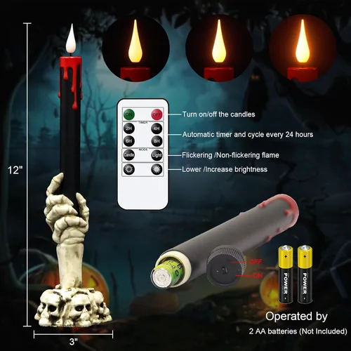 Miniatura 6 de GenSwin Velas cónicas sin llama de Halloween en negro con candelabros de mano de fantasma y temporizador remoto, 2 piezas de velas cónicas operadas