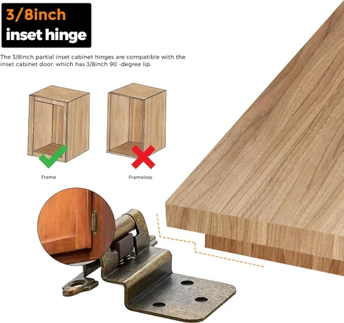 Miniatura 6 de Ravinte 10 paquetes de 5 pares de bisagras de gabinete de latón antiguo de 3/8" insertadas, bisagras de cierre automático para gabinetes y puertas