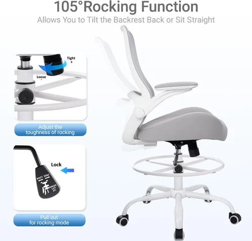 Miniatura 4 de HYLONE Silla de dibujo alta de oficina con reposabrazos abatibles, silla ergonómica para computadora con soporte lumbar, reposapiés ajustable, Gris