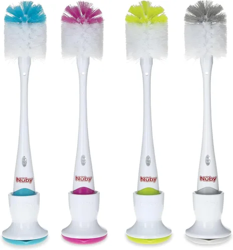 Miniatura 7 de Nuby Cepillo para biberones y pezones con cerdas suaves y soporte Paquete de 2: Azul y Gris Cepillo de limpieza para biberones y pezones