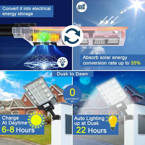 Miniatura 2 de Farolas solares impermeables para exteriores, luz de inundación solar de 8000 W con sensor de movimiento, luz de estacionamiento comercial
