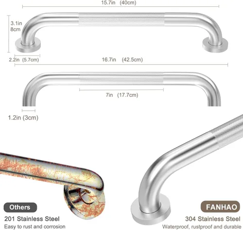 Miniatura 6 de FANHAO Paquete de 2 barras de agarre para ducha, barra de agarre para baño de acero inoxidable de 16 pulgadas con agarre moleteado antideslizante