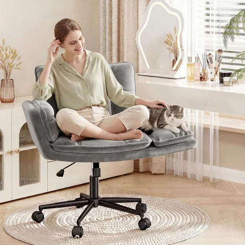 Silla cruzada con ruedas, silla de oficina ergonómica con reposabrazos ajustables, silla de tocador con respaldo para dormitorio, sala de maquillaje