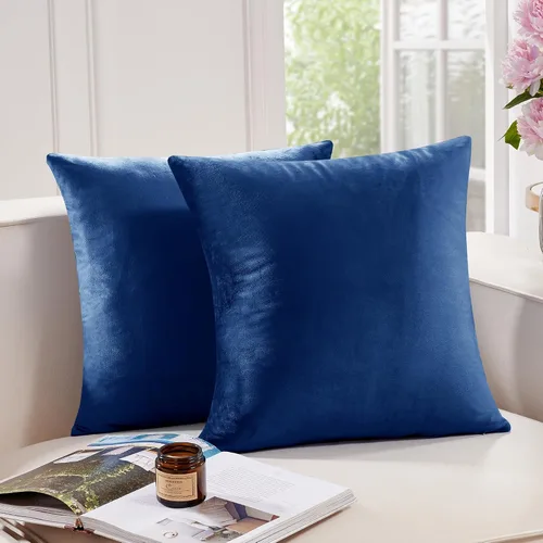 Miniatura 16 de Deconovo Juego de 2 fundas de almohada de terciopelo, 26 x 26 pulgadas, color azul, suaves pompones cuadrados con funda de cremallera oculta