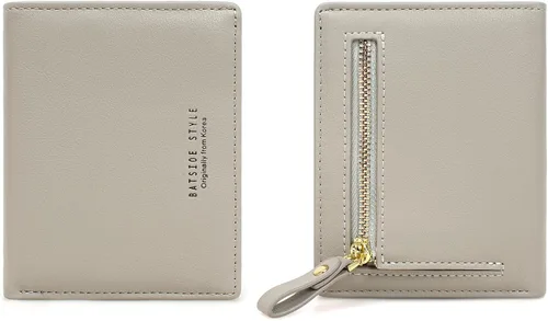 SUMGOGO Cartera pequeña para mujer, delgada, de piel, con tarjetero RFID, plegable, corto, con cremallera, bolsillo frontal, Gris, Minimalista