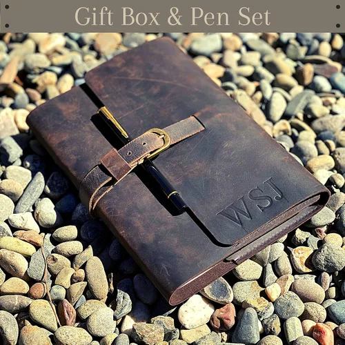 Juego de regalo de diario de cuero personalizado para hombres y mujeres, iniciales en cubierta de cuero de primera calidad, bolígrafo de metal,