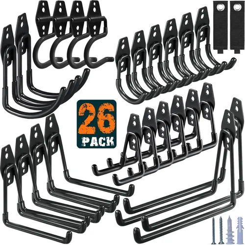HUPBIPY Paquete de 26 ganchos de garaje resistentes de acero utilitario con revestimiento antideslizante para montaje en pared, organizador de