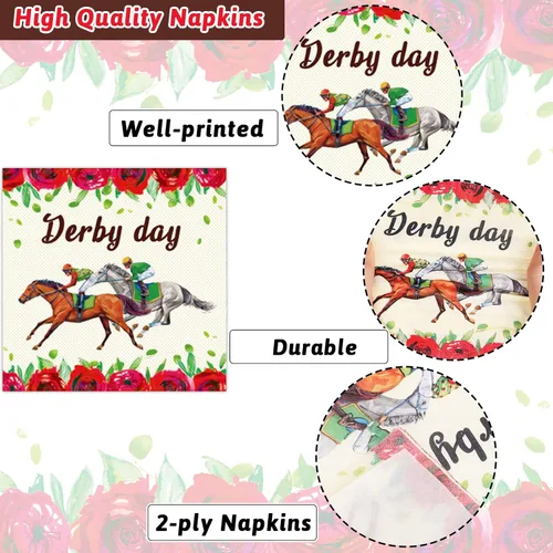 Miniatura 3 de gisgfim Run for The Roses - Juego de vajilla para 24 invitados, platos de papel para fiesta del Derby, servilletas desechables para decoración