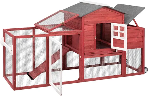 Miniatura 12 de Gowoodhut Gallinero de madera maciza con jaula grande de 2 pisos, techo de asfalto, caja nido, ruedas de PU, perca de pollo con poste Techo